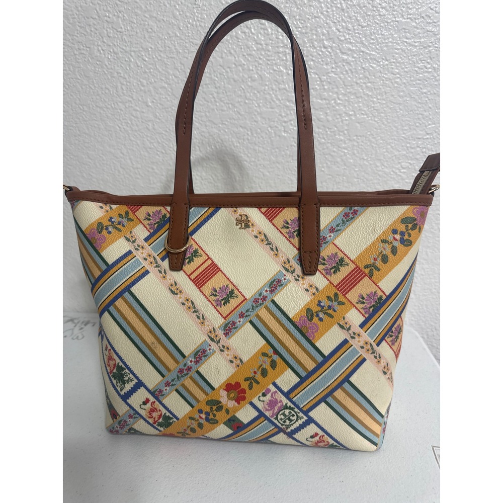 Tory Burch Perry Small Patchwork Floral Ribbon Coated Canvas Tote Bag Brown Trim